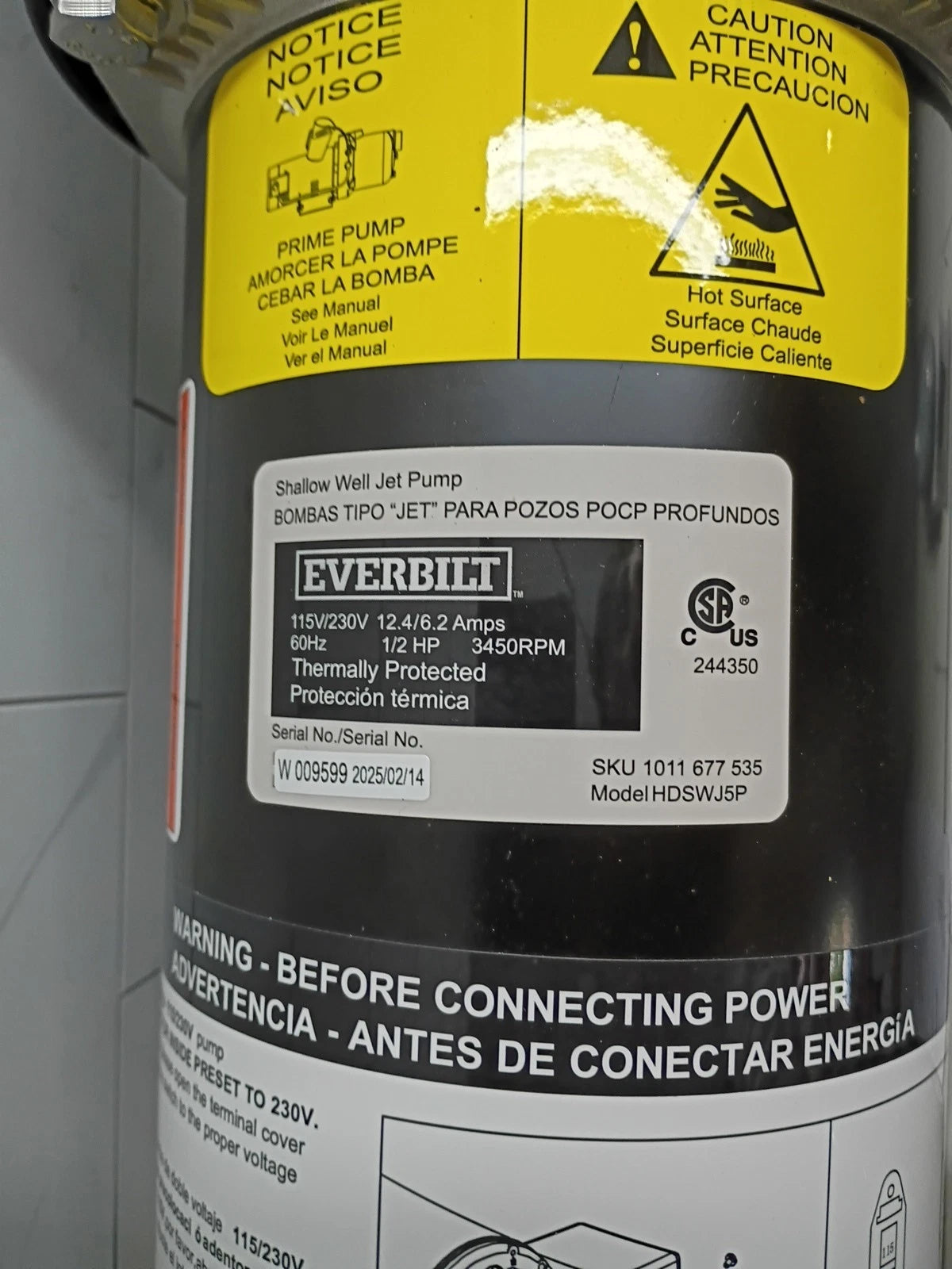 Everbilt HDSWJ5P 1/2 HP Shallow Well Jet Pump Open Box