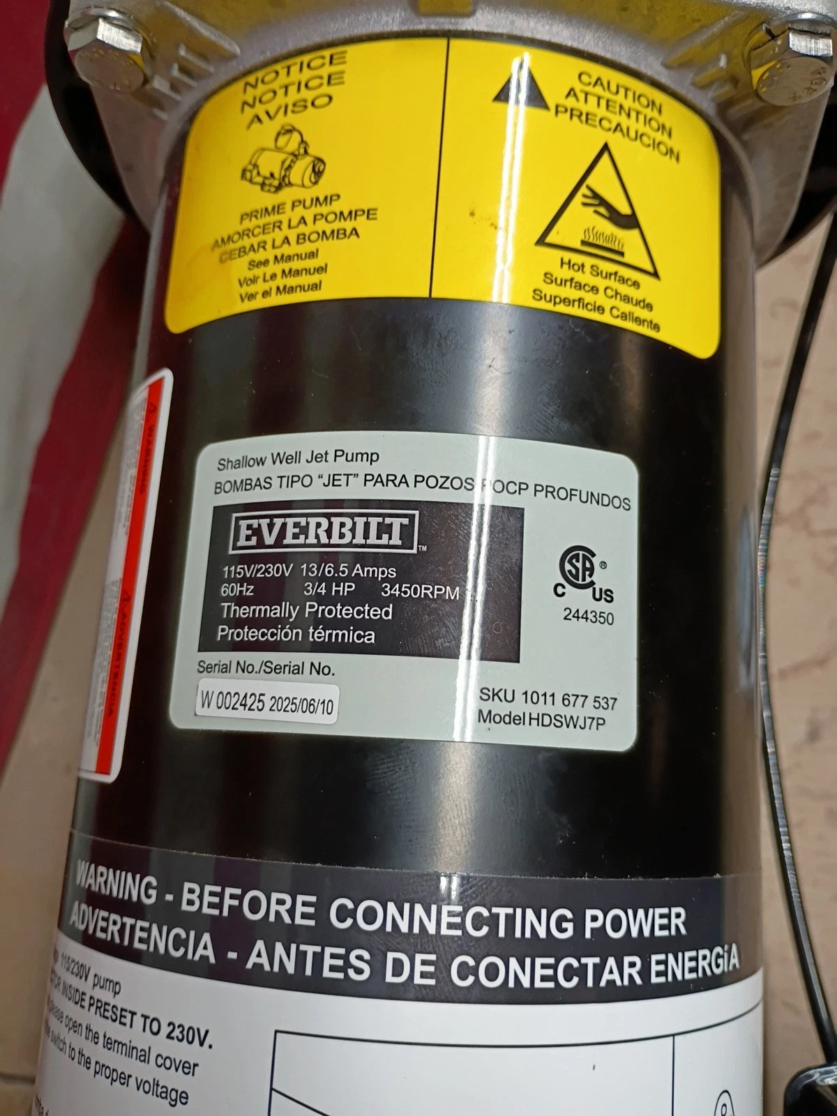 Everbilt Shallow Well Jet Pump Plastic 3/4HP HDSWJ7P ***PARTS ONLY***