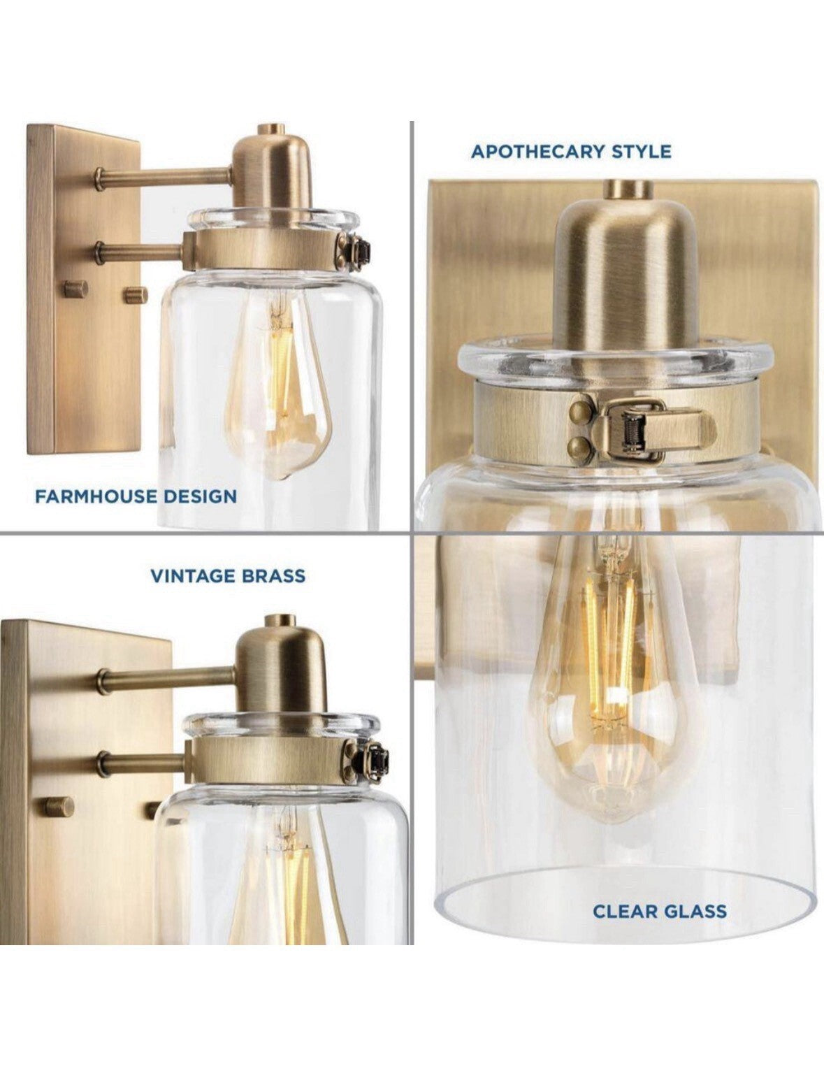 Calhoun 6.875 in. 1-Light Vintage Brass Clear Glass Farmhouse Bath Vanity Light