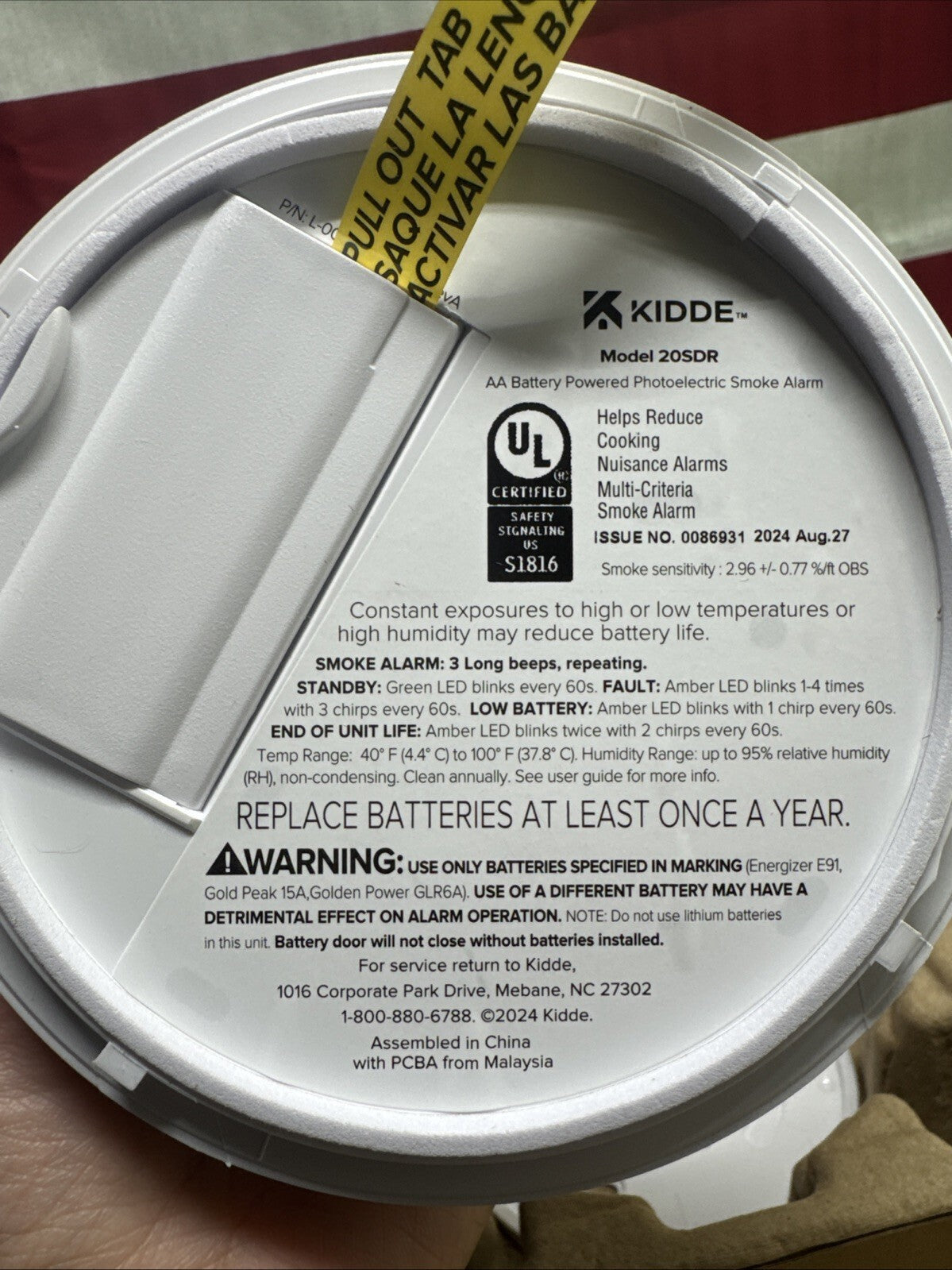 KIDDE 20SDR Photoelectric Smoke Alarm AA Battery Powered LED. Warning