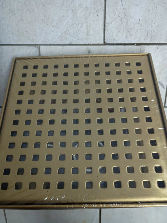 Reln Square Shower Drain with Square Pattern Drain Cover Brushed Gold 6x6" New
