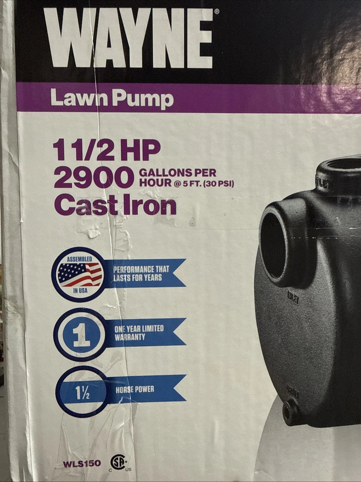 Wayne WLS150 1-1/2 HP Cast Iron Quick-Prime Lawn-irrigation Sprinkler Pump. NOB