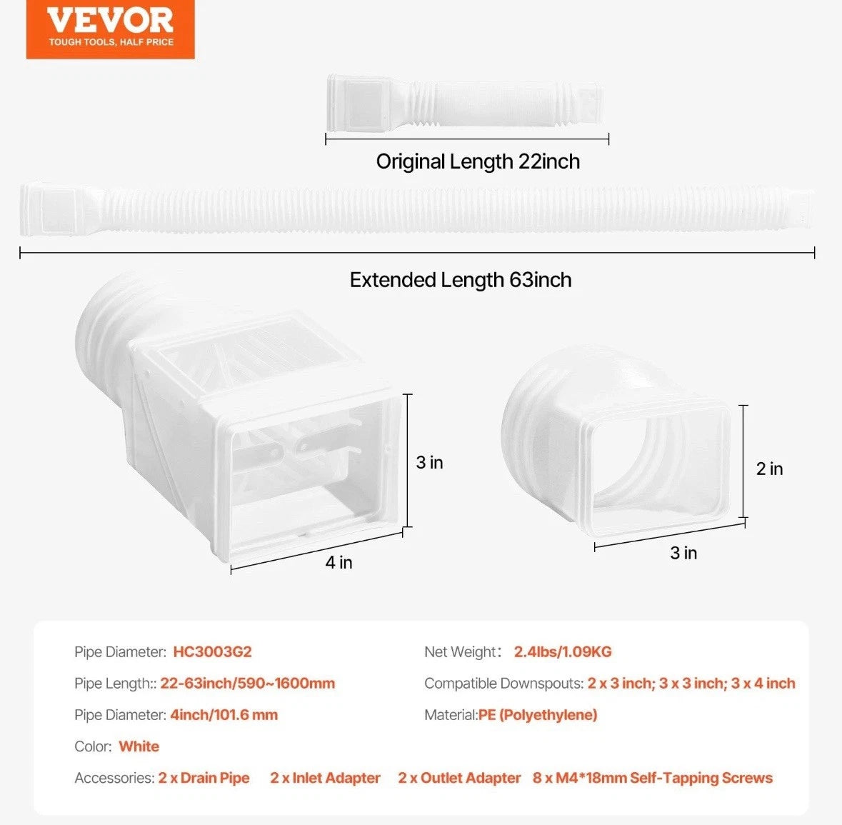 VEVOR Rain Gutter Downspout Extensions,2-Pack Flexible Downspout Extender