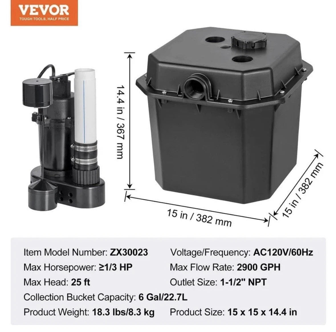 VEVOR 1/3 HP Submersible Sink Pump 2900 GPH 25 ft. 6 Gal. w/ 1-1/2 in. Outlet