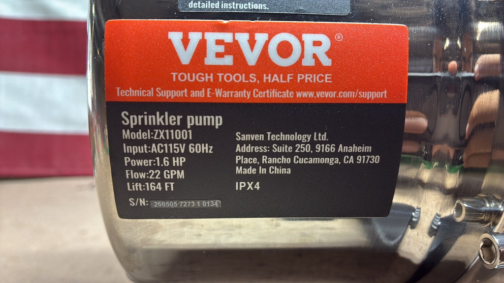 Vevor ZX11001 1.6 HP 22 GPM 115V portable sprinkler pump NEW OPEN BOX