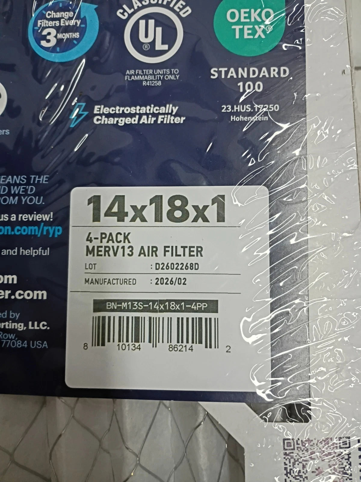 MERV 13 14x18x1 Electrostatic Air Filters 4-Pack for HVAC AC Systems Open Box