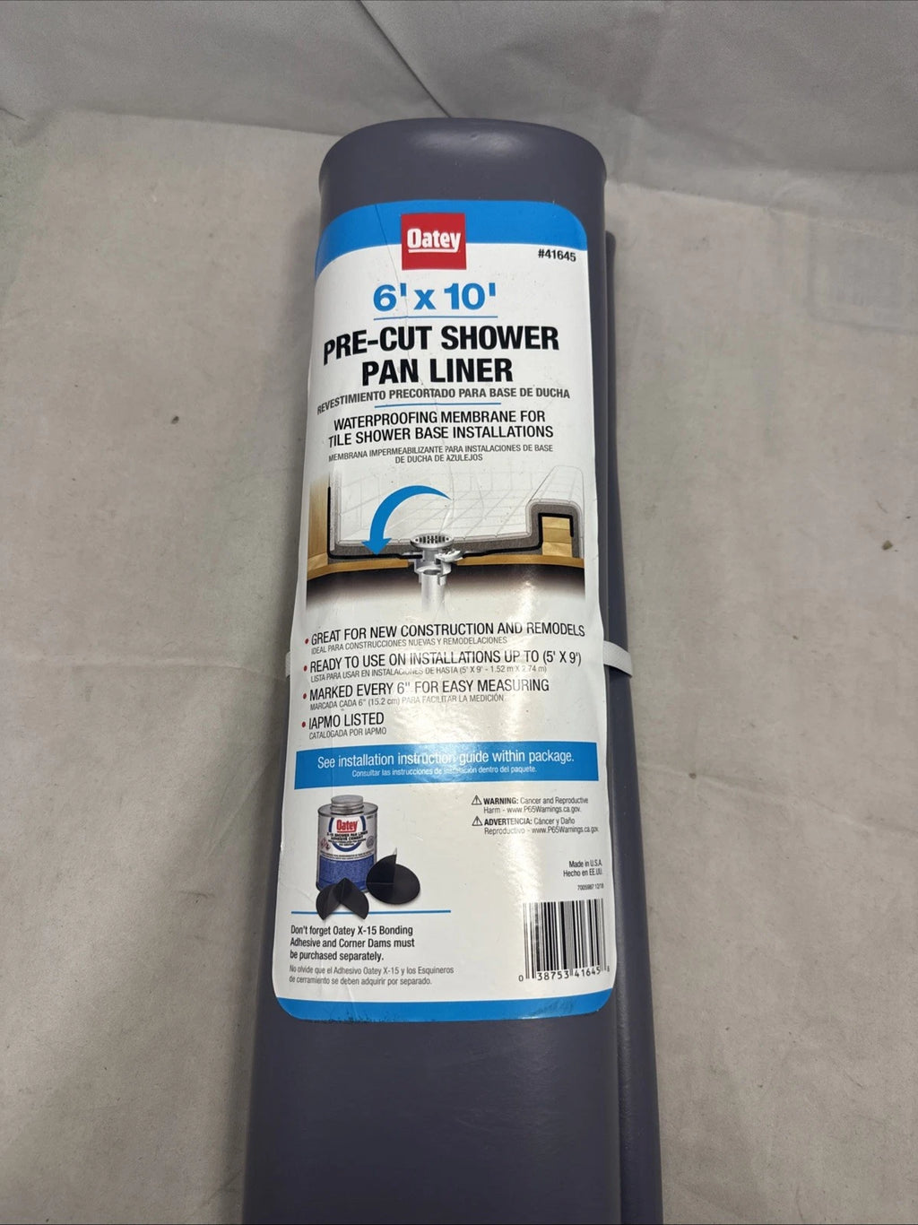 Oatey 41645 Shower Pan Liner 6' x 10' PVC, Gray NEW
