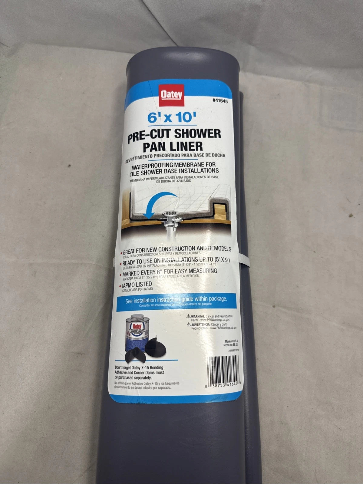 Oatey 41645 Shower Pan Liner 6' x 10' PVC, Gray NEW