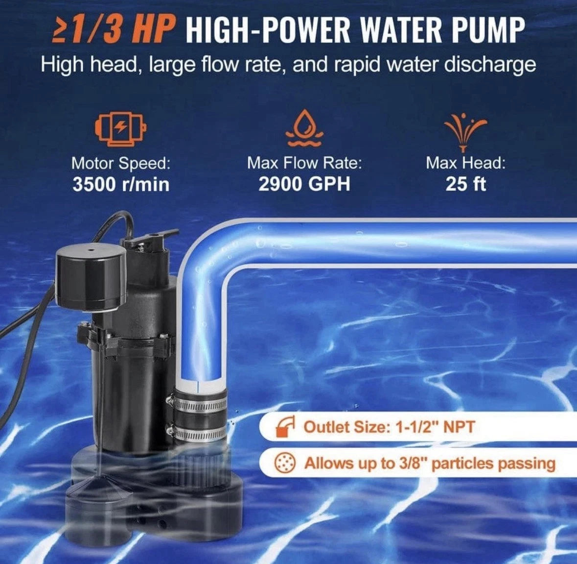 VEVOR 1/3 HP Submersible Sink Pump 2900 GPH 25 ft. 6 Gal. w/ 1-1/2 in. Outlet