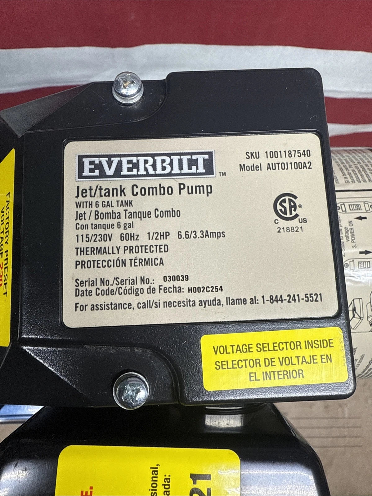 Everbilt 1/2HP Jet Pump/Tank Combo Cast iron with 6 Gallon Tank New OB