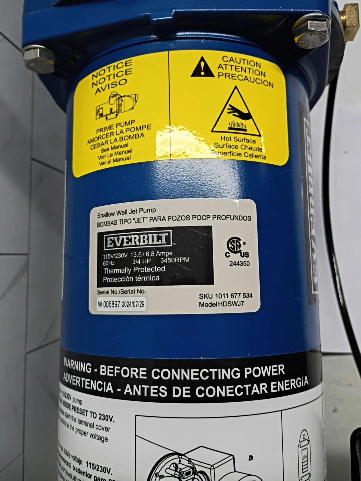 Everbilt 3/4 HP Cast Iron Shallow Well Jet Pump HDSWJ7 For Parts Only.
