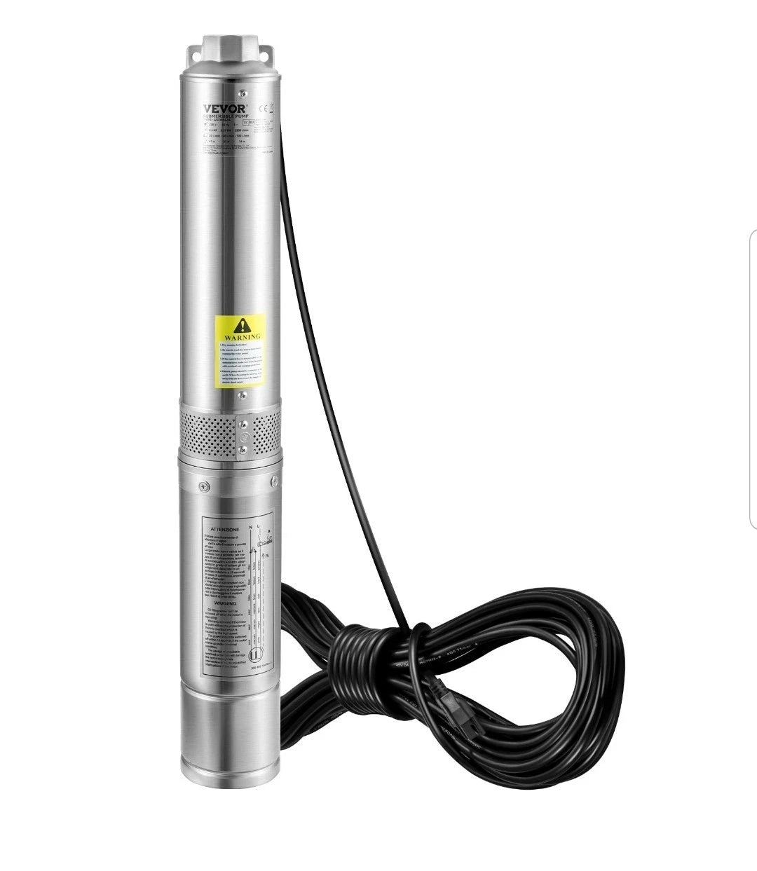 0.5HP Deep Well Submersible Pump 230V 28GPM 167ft Head 33ft Cord Stainless Steel