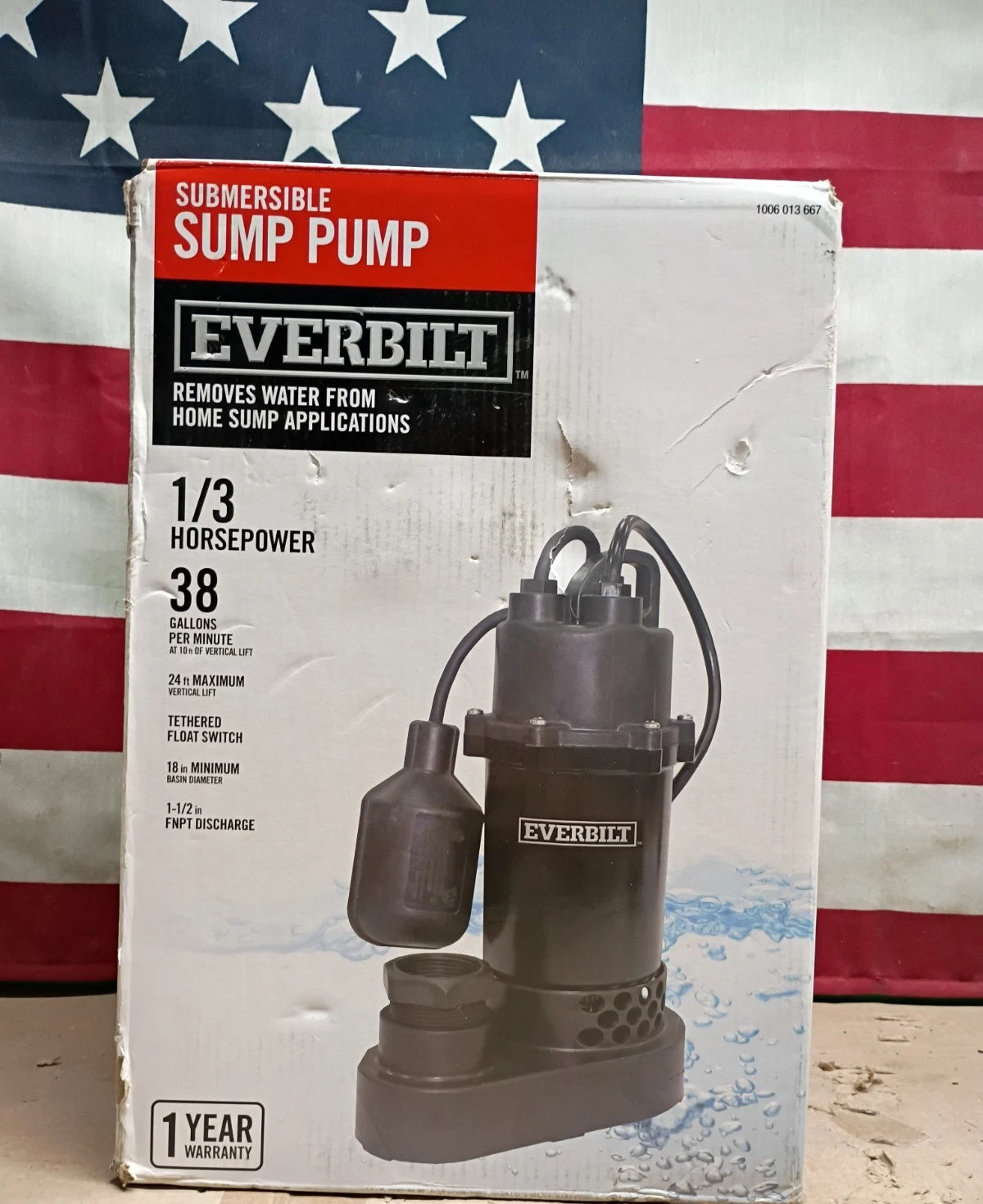 Everbilt 1/3 HP Corrosion Resistant Aluminum Sump Pump w/ Tether Switch OB.