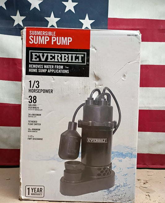 Everbilt 1/3 HP Corrosion Resistant Aluminum Sump Pump w/ Tether Switch OB.