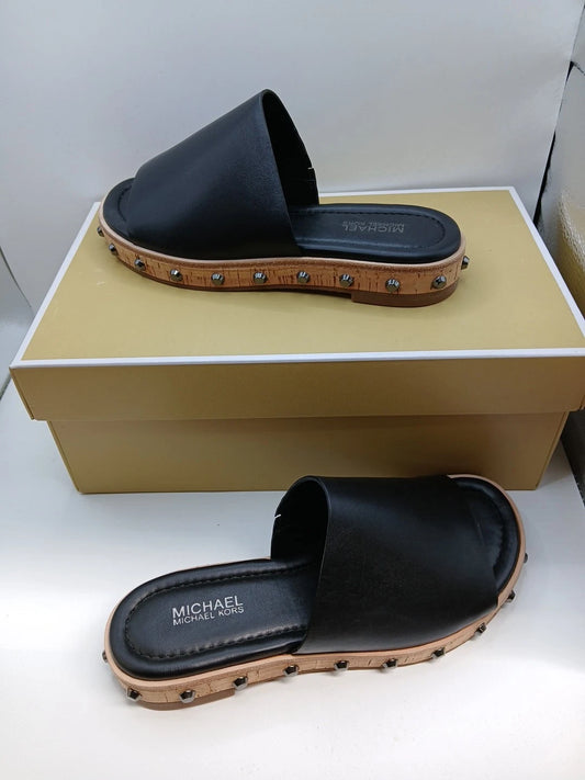 Michael Kors Ellen Slide Sandals Shoes Black Leather Rivets Accent Size 5M