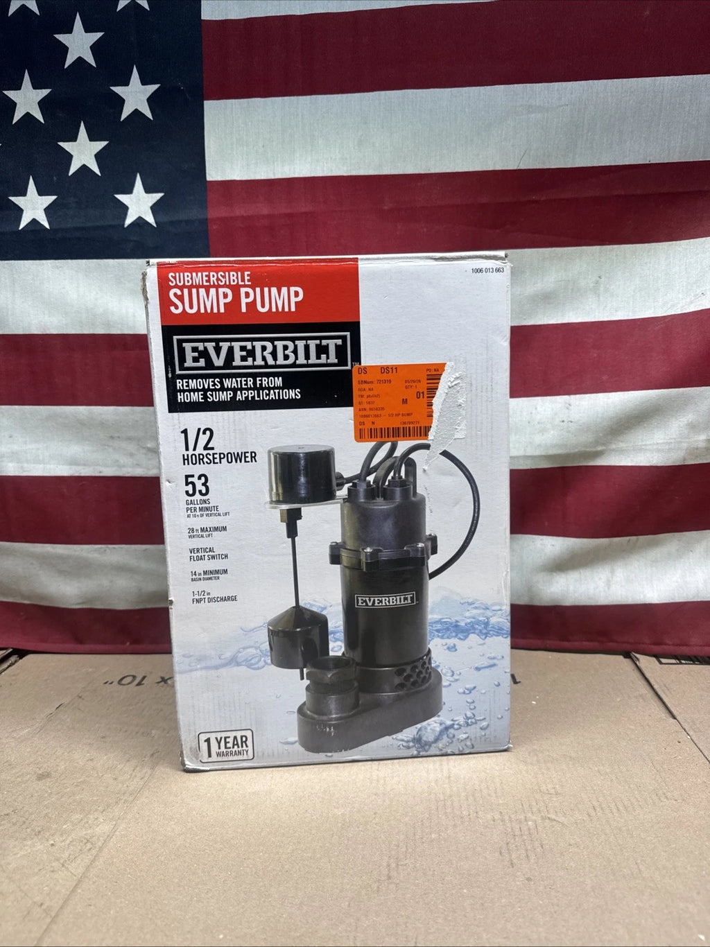 Everbilt HDSP50V 1/2 HP Submersible Sump Pump Thermoplastic Vertical., Open Box.
