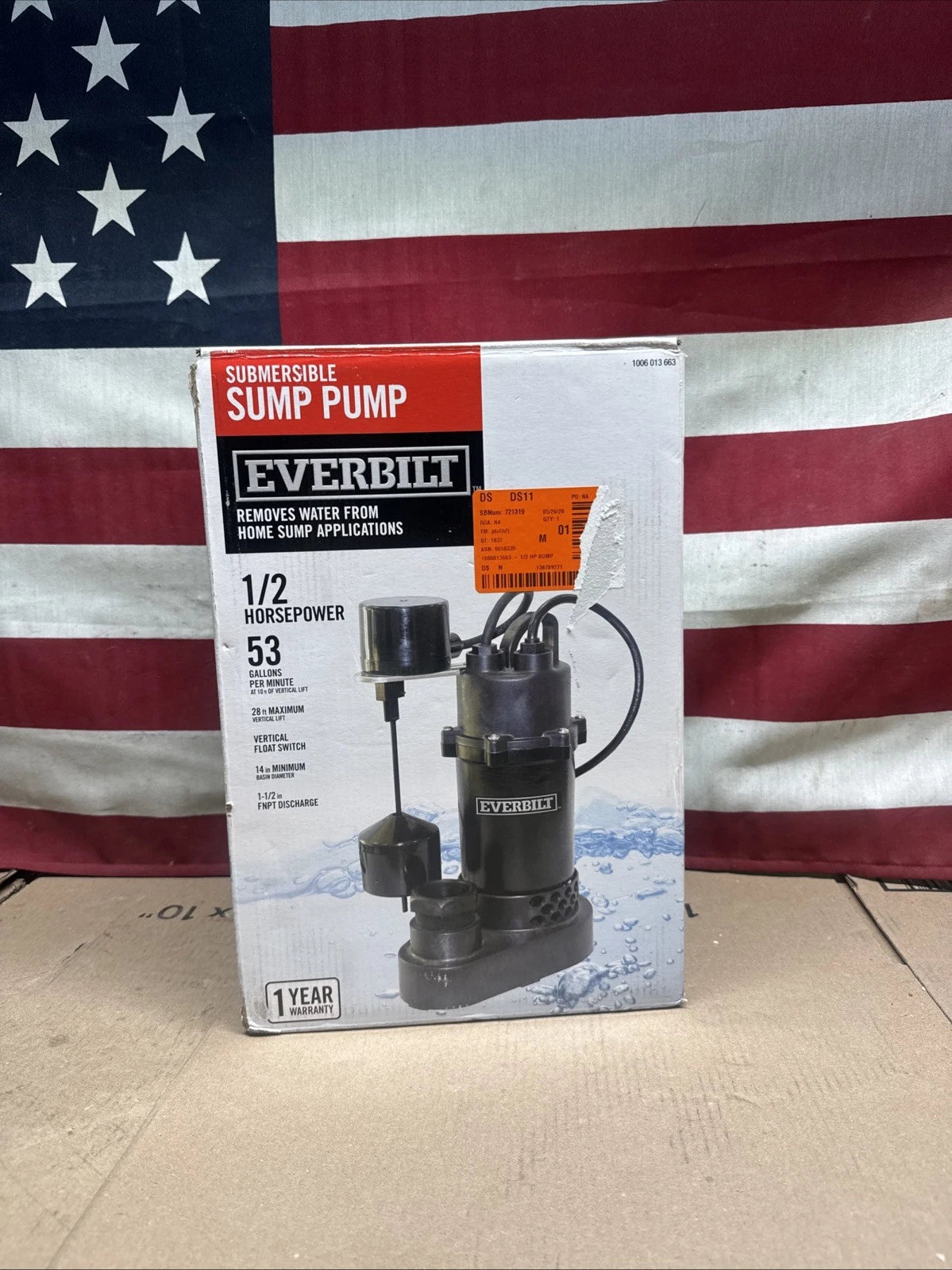 Everbilt HDSP50V 1/2 HP Submersible Sump Pump Thermoplastic Vertical., Open Box.