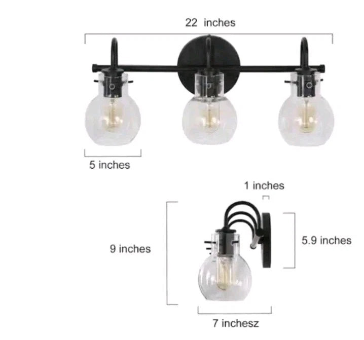 LNC A04099 3-Light 22" Black Bathroom Vanity Light Clear Globe Glass Shades OB