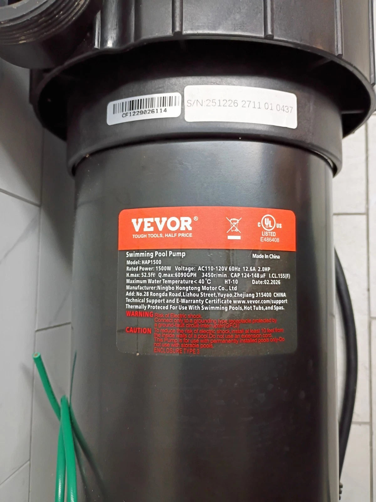 VEVOR Swimming Pool Pump 2.0HP 115V 1500W, Single Speed for Above Ground#HAP1500