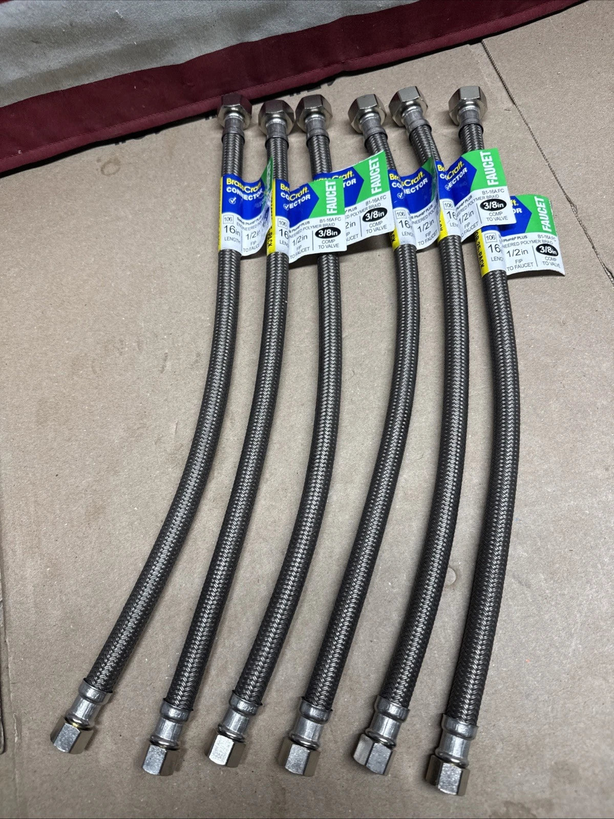 LOT- 6 PC. -1/2 in. IPS x 3/8 in x 16 in. Faucet Hose Connector brass craft.