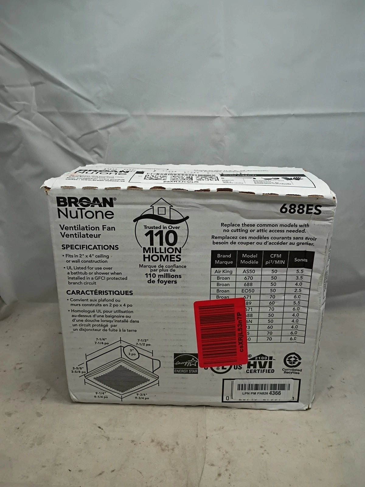 Broan Nutone 688ES 10 Minute Install 50 CFM Ventilation Fan.
