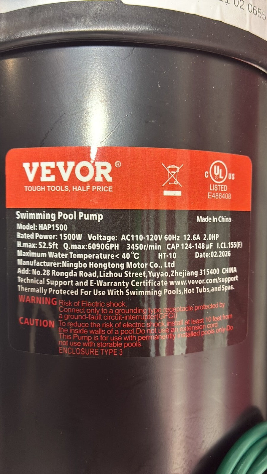 VEVOR HAP1500 SWIMMING POOL PUMP 2.0HP 115V 1500W SINGLE SPEED 5400 GPH