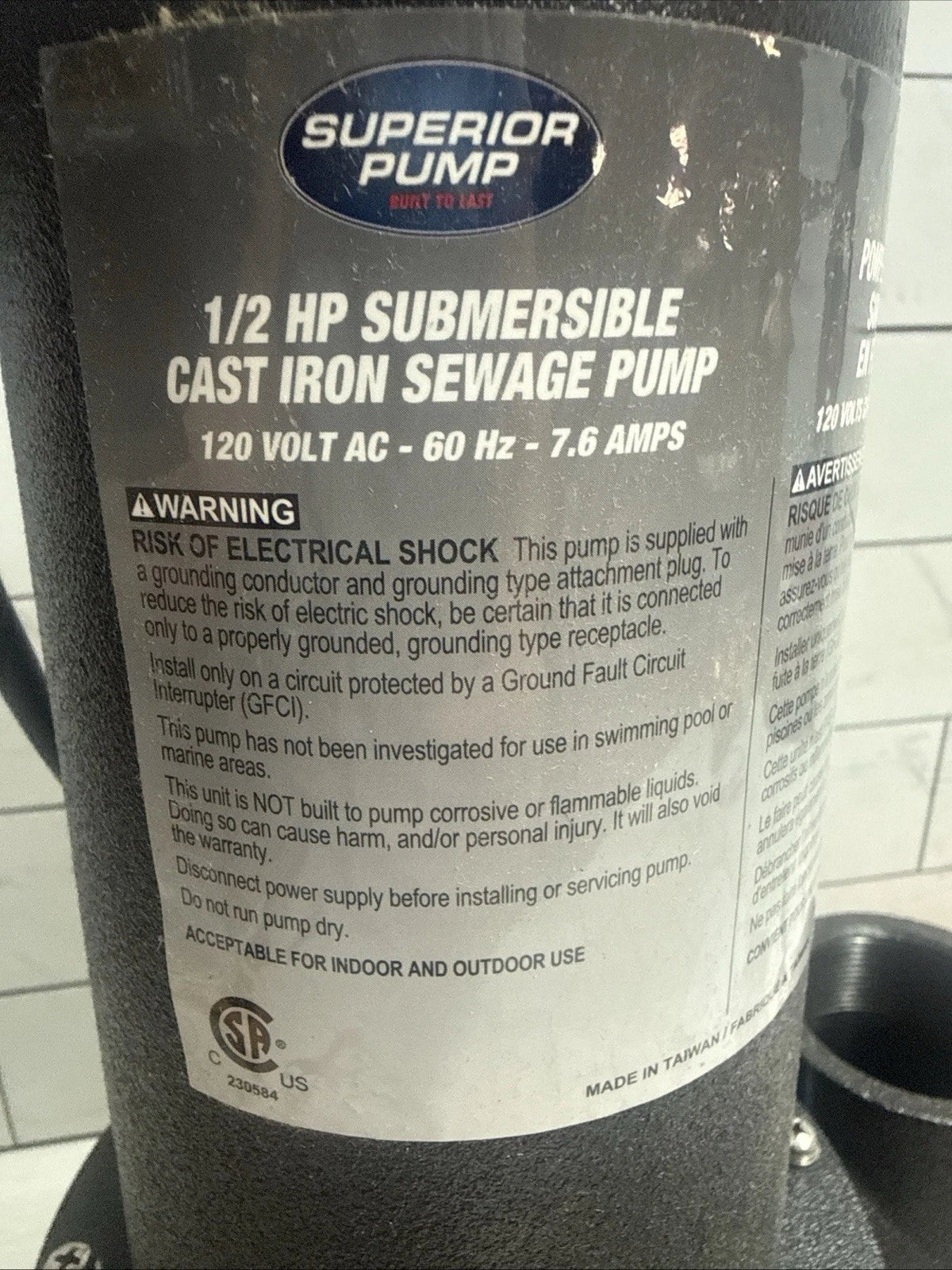 Superior Pump 93501 1/2HP Submersible Sewer Ejector Pump Cast Iron