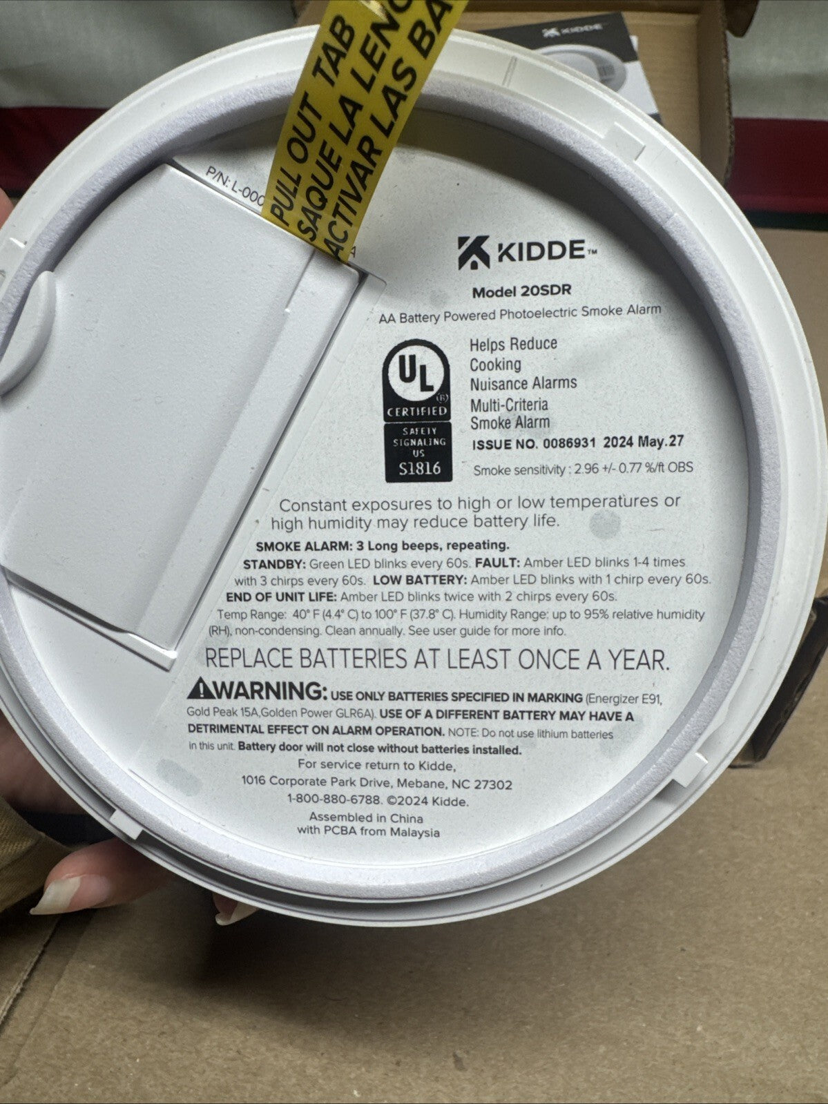 KIDDE 20SDR Photoelectric Smoke Alarm AA Battery Powered LED Warning.