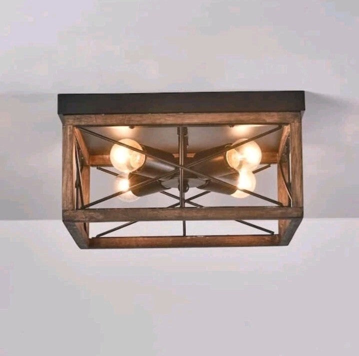 Light Farmhouse Rustic Square Wooden Flush Mount Ceiling Light MB-8834BK OB
