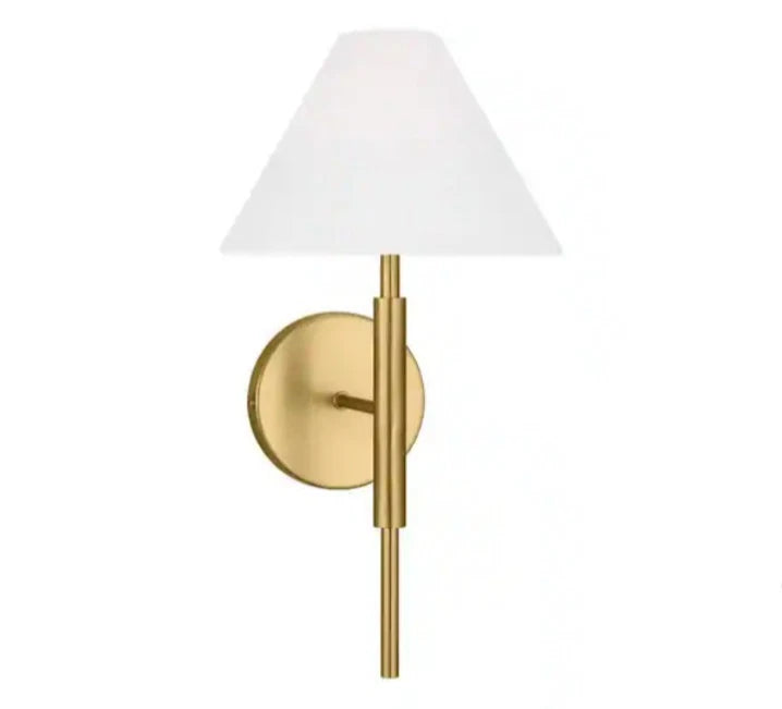 Porteau 1-light Satin Brass Wall Sconce with White Linen Fabric Shade Open Box