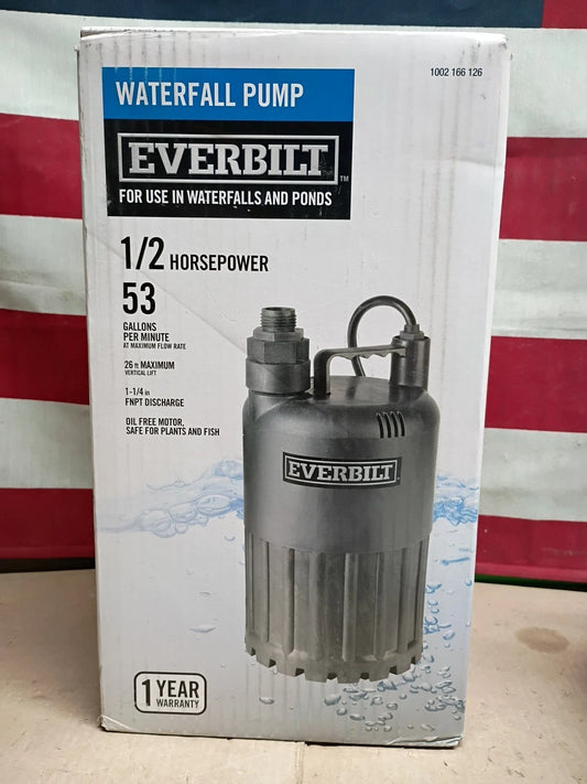 EVERBILT SUP80-HD Waterfall & Pond Pump 1/2 HP 53 GPM 26 Ft Max Vertical Lift