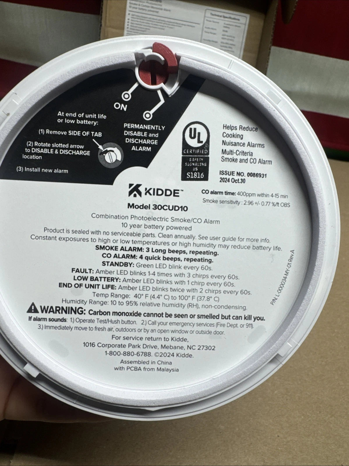 Kidde Smoke & CO Detector , 10-Year Battery, LED Warning Indicators 30CUD10.