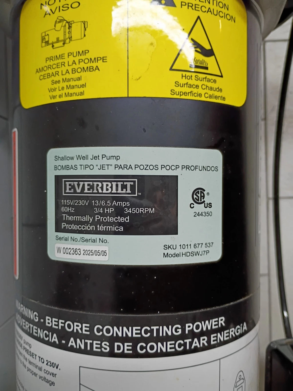 HDSWJ7P Everbilt Shallow Well Jet Pump Plastic 3/4HP For Parts Only