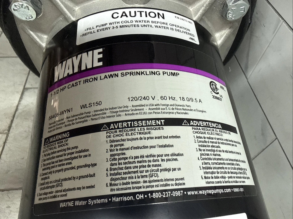Wayne WLS150 1-1/2 HP Cast Iron Quick-Prime Lawn-irrigation Sprinkler Pump. NOB