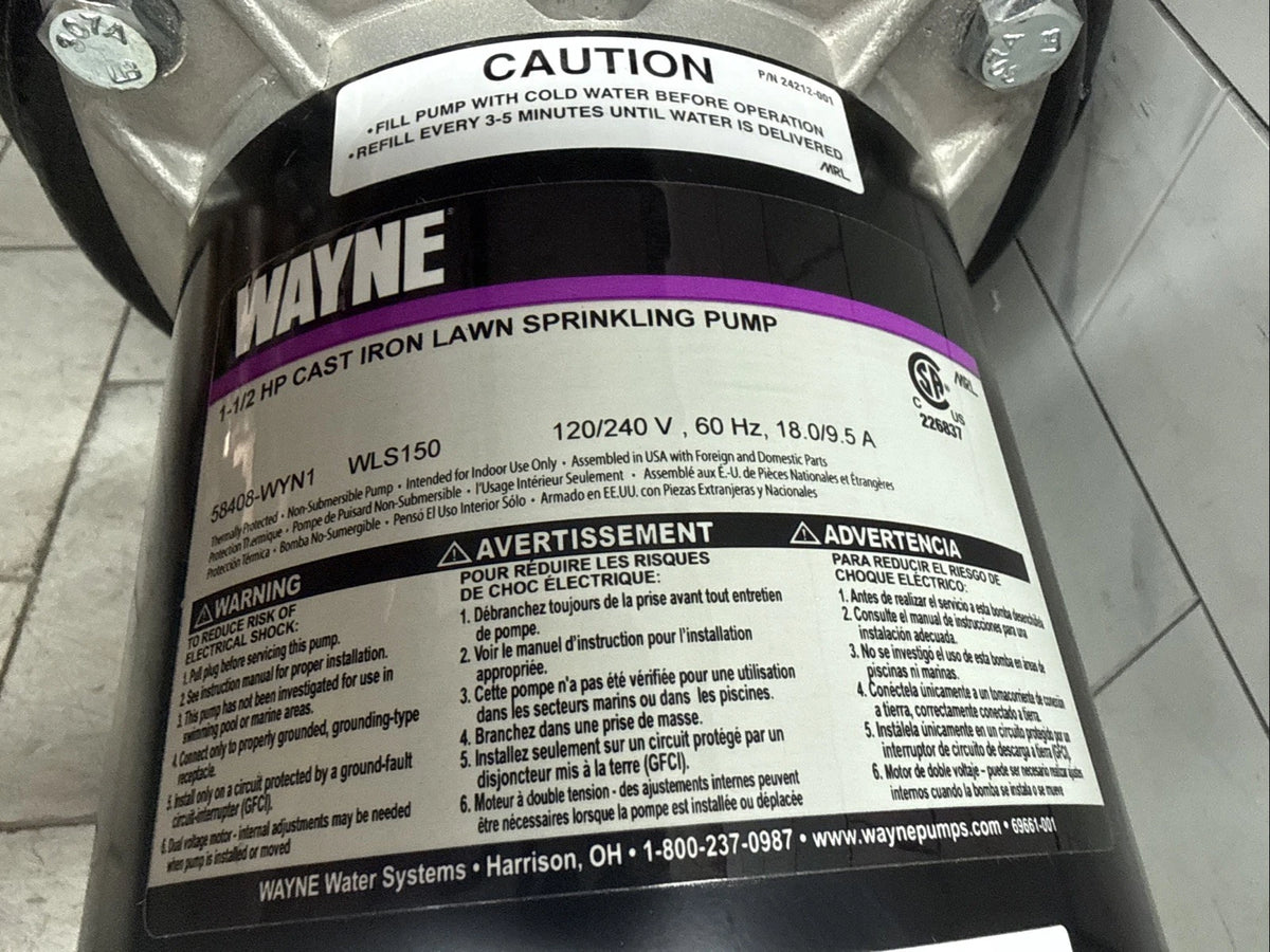 Wayne WLS150 1-1/2 HP Cast Iron Quick-Prime Lawn-irrigation Sprinkler Pump. NOB