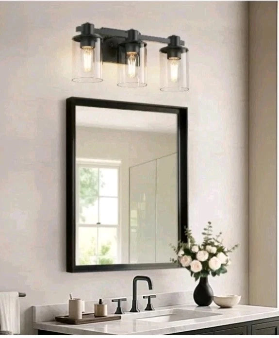 Yansunb. 3-Light Modern Vanity Light w Black Finish and Clear Glass Shade