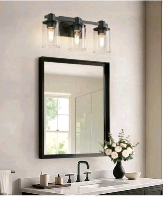 Yansunb. 3-Light Modern Vanity Light w Black Finish and Clear Glass Shade