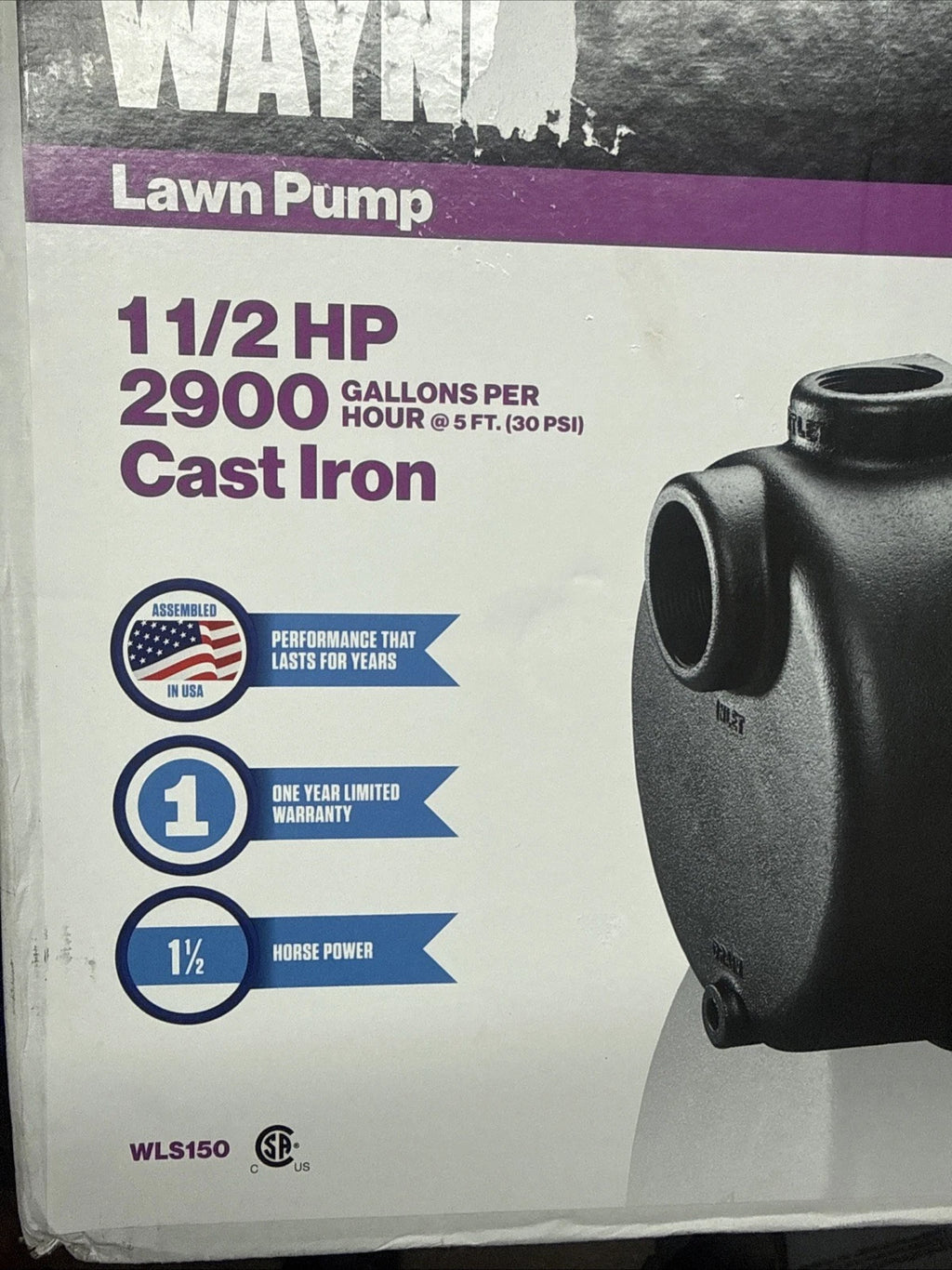 Wayne WLS150 1-1/2 HP Cast Iron Quick-Prime Lawn-irrigation Sprinkler Pump. NOB