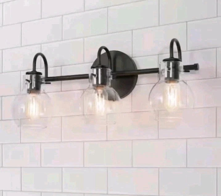 LNC A04099 3-Light 22" Black Bathroom Vanity Light Clear Globe Glass Shades OB