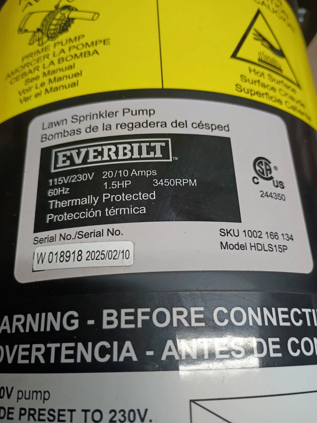 Everbilt HDLS15P, Lawn Irrigation Pump Plastic 1-1/2HP 52 GPM 40 PSI, Used READ