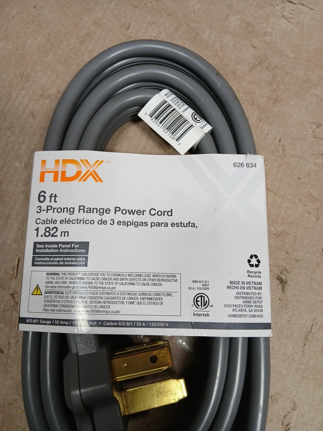 2 Pk HDX Range Power Cord Gray 3-Prong Gauge 6 50A 6 Feet 626 634 NEW IN OB
