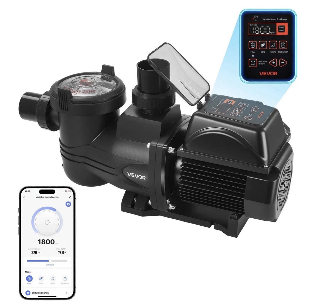 VEVOR Variable Speed Pool Pump 2 HP 220V 145 GPM In/Above Swimming Pool Pump