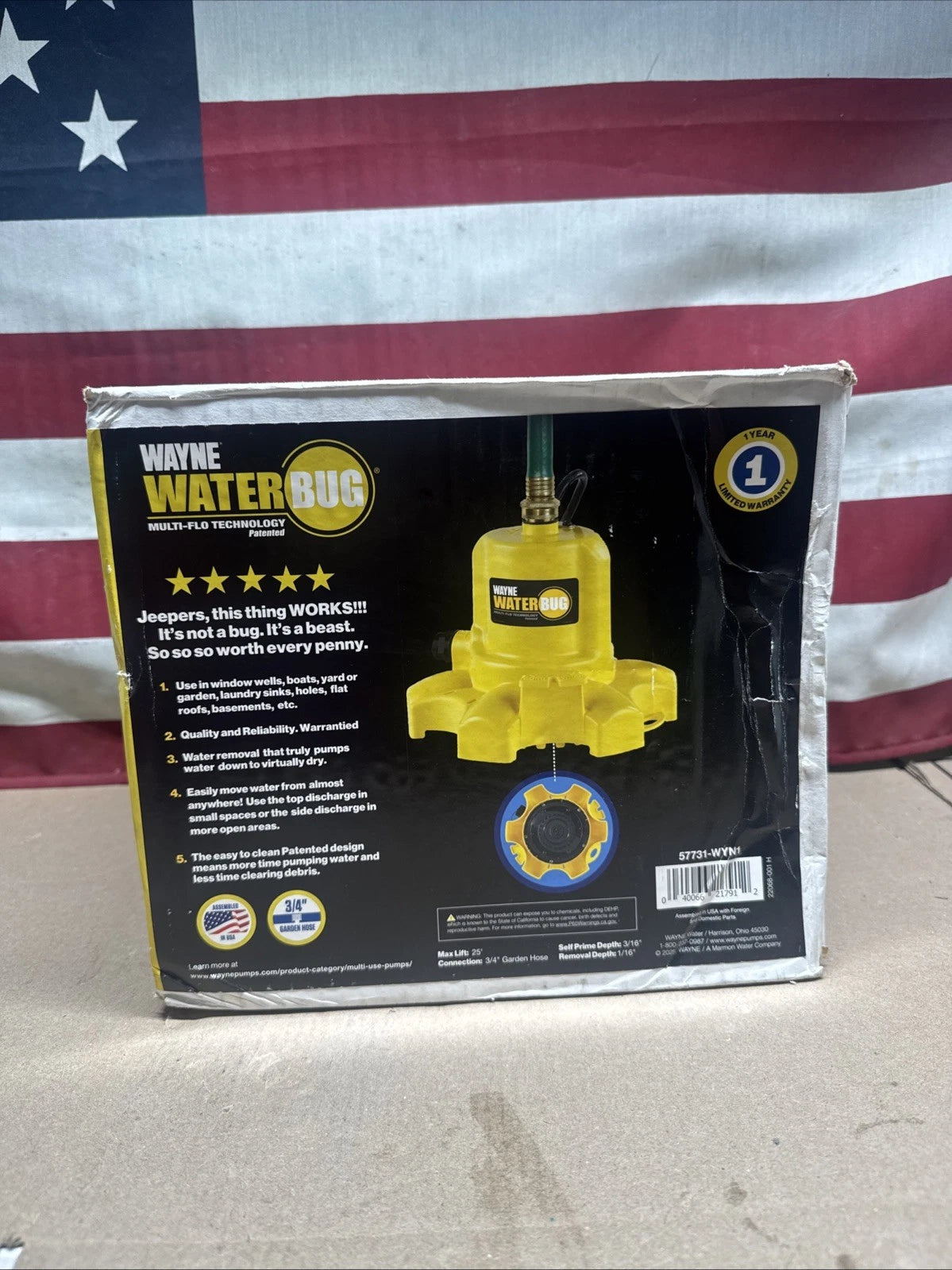 Wayne 1/6 HP WaterBUG Submersible Utility Pump with Multi-Flo Technology USED[
