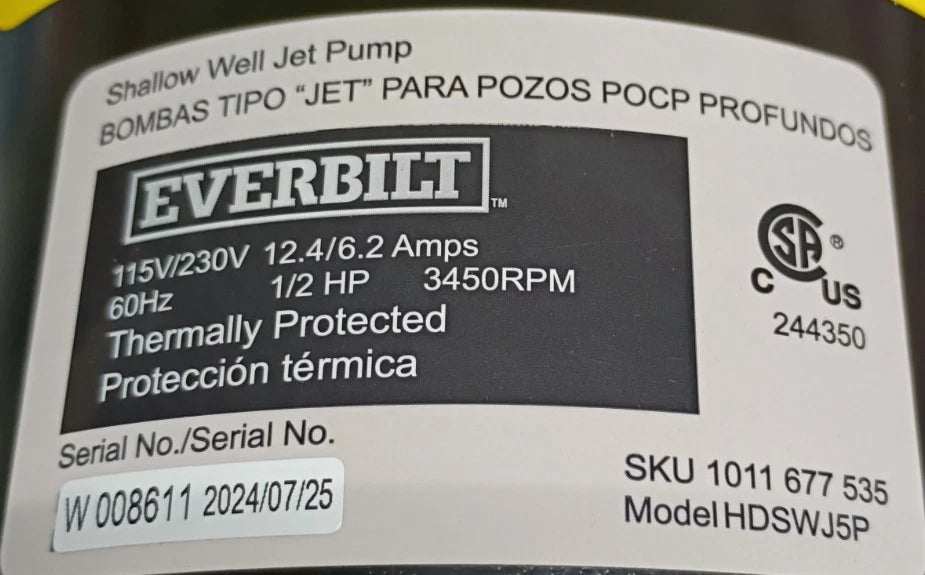 HDWSJ5P Everbilt 1/2 HP Shallow Well Jet Pump 1011677535 Used