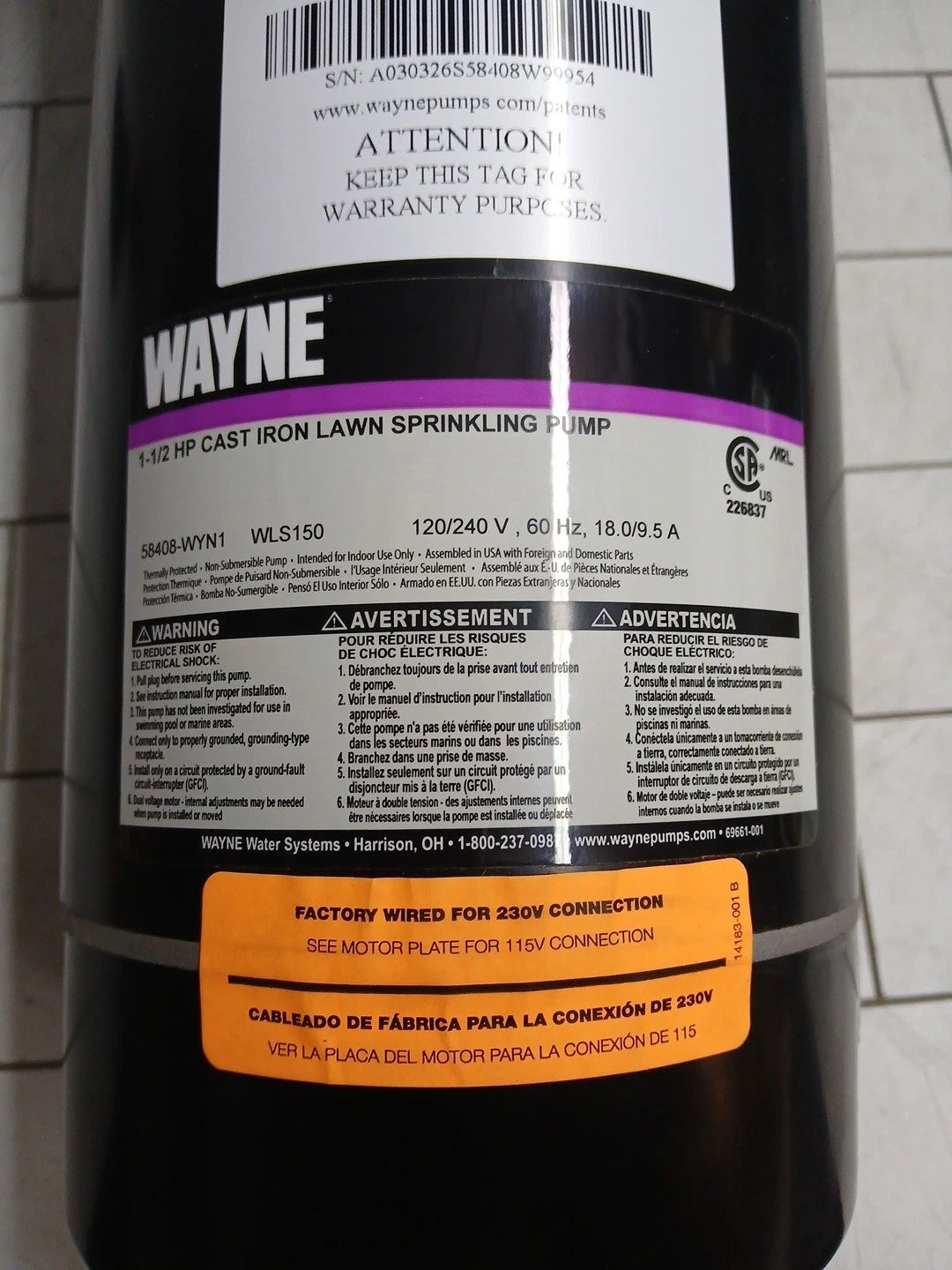 Wayne WLS150 1-1/2HP 230V Cast iron Lawn Irrigation Sprinkler pump New Open Box