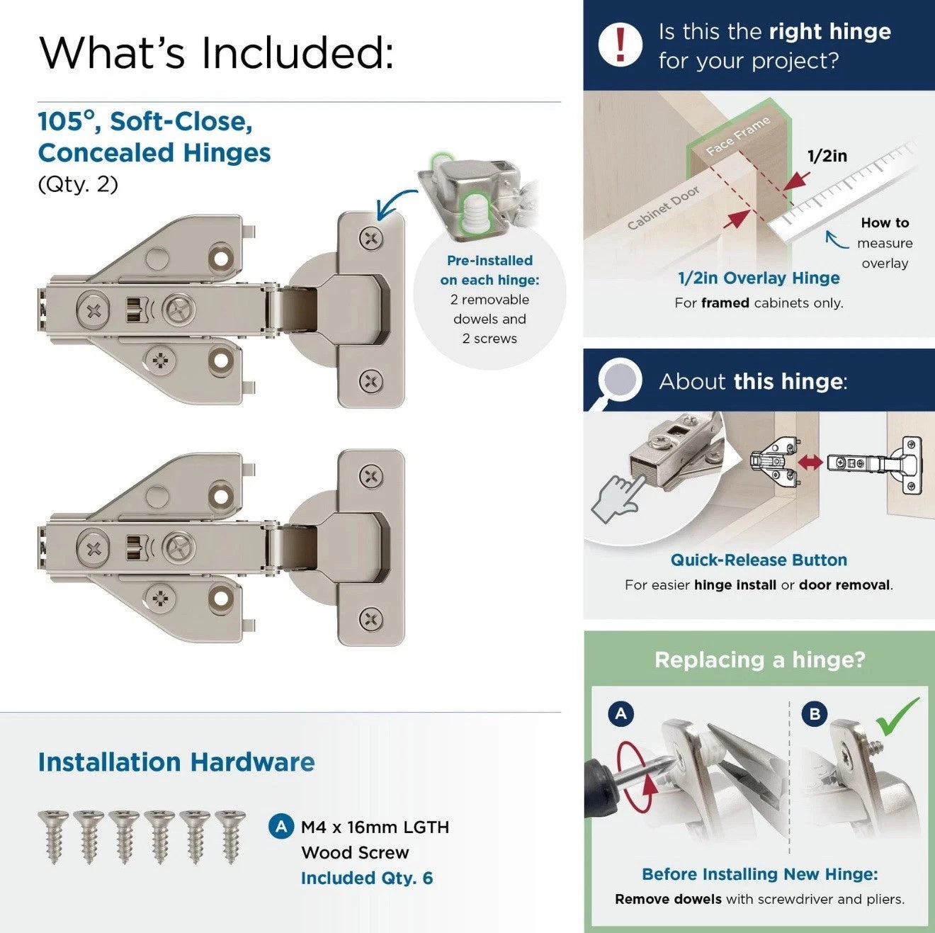 10x Amerock 2 Pack 1/2” Overlay Soft-Closing Euro Concealed Hinge for Face Frame