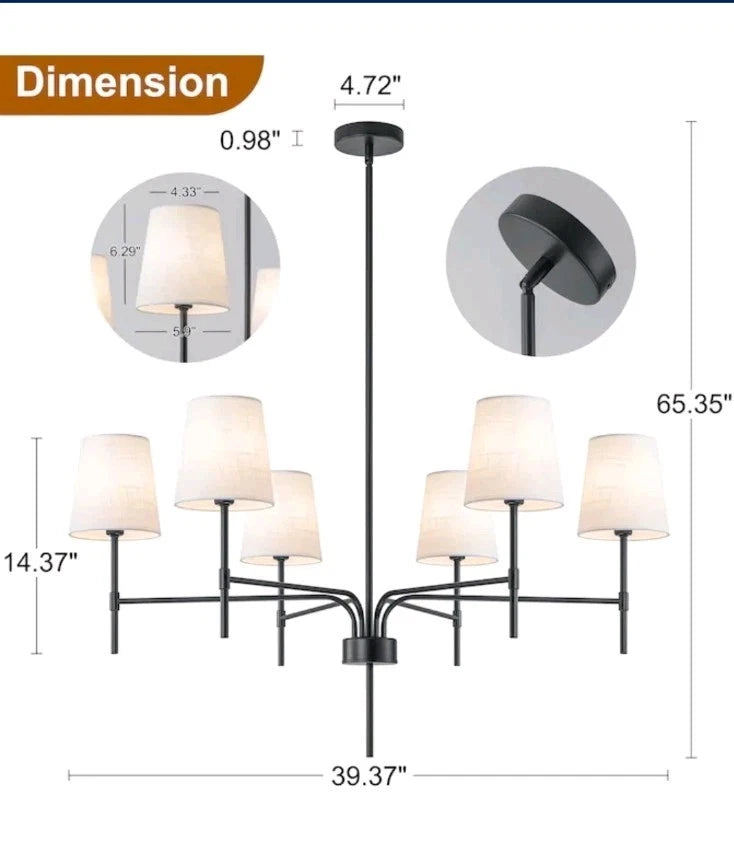 6 LIGHT BLACK W/ WHITE FABIC SHADES IRON CHANDELIER