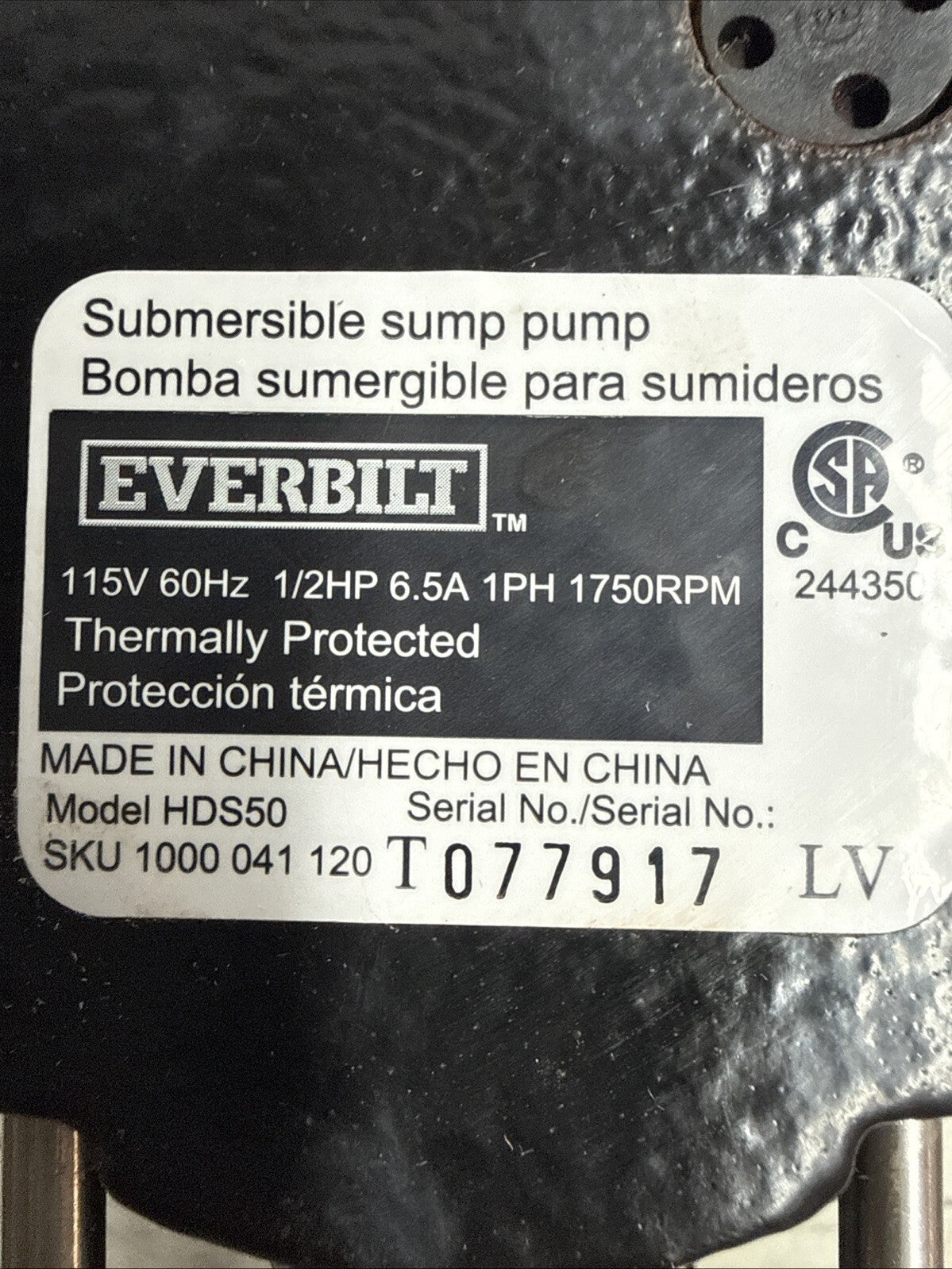 Everbilt HDS50 1/2 HP Cast Iron Submersible Sump Pump Used Good Condition