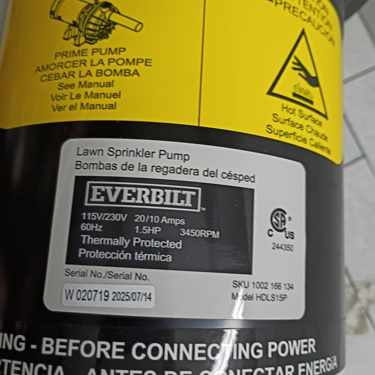 Everbilt HDLS15P Lawn Irrigation Pump Plastic 1-1/2HP, 115/230 Volt NEW OPEN BOX
