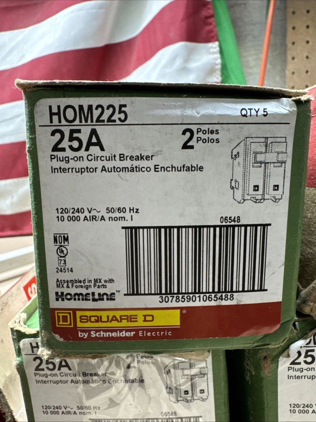 Lot of 5 Square D HOM225 25A 2-Pole Circuit Breaker Homeline Plug-On 120/240V ,,